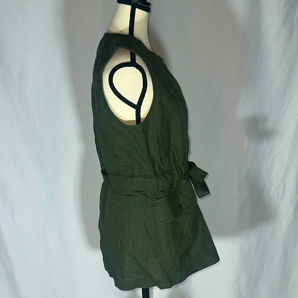 Athleta Linen Vest Top Army Green XS Zip Up Tie Waist Pockets Military Biker - Picture 4 of 8